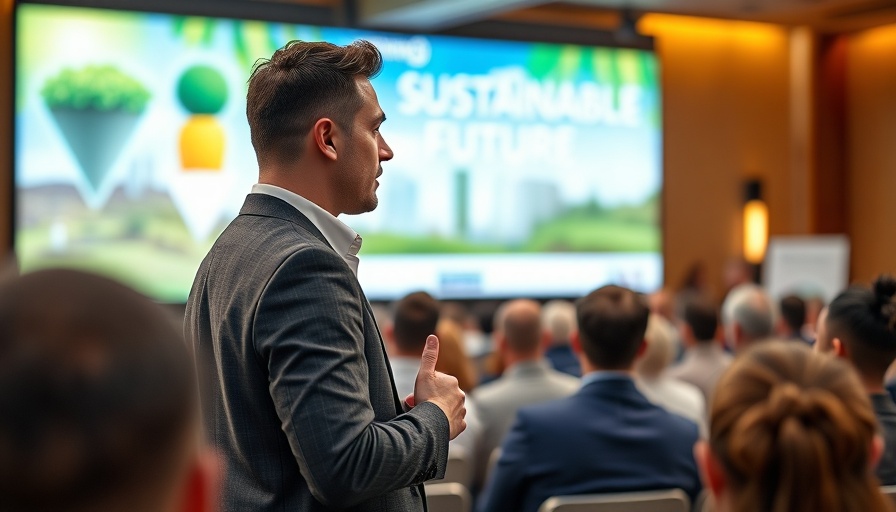 Speaker presenting on sustainable HVAC solutions at a conference.