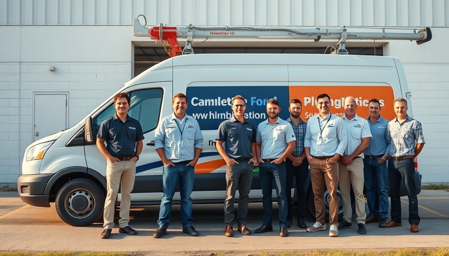 HVAC and plumbing partnership innovation team photo in front of van.