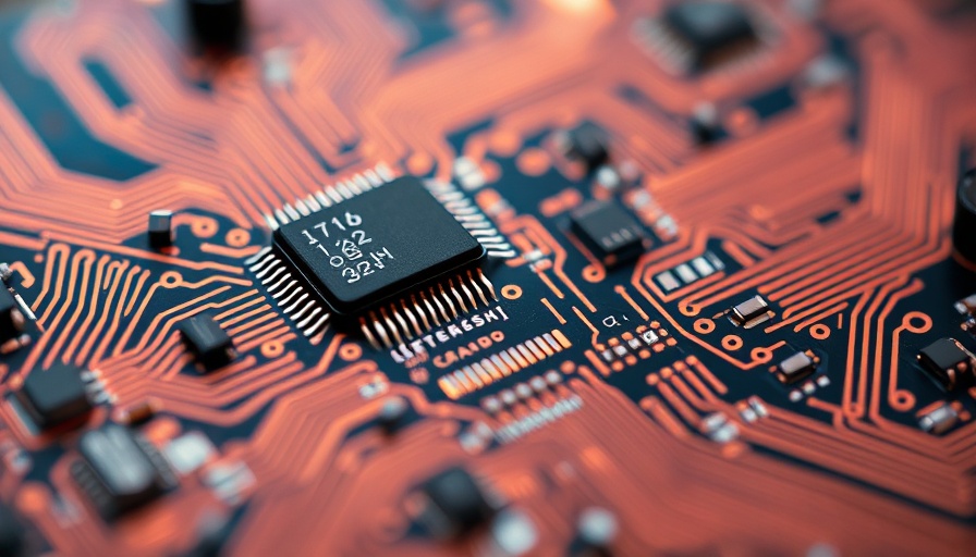 Detailed microchips on circuit board reflecting vibrant hues.