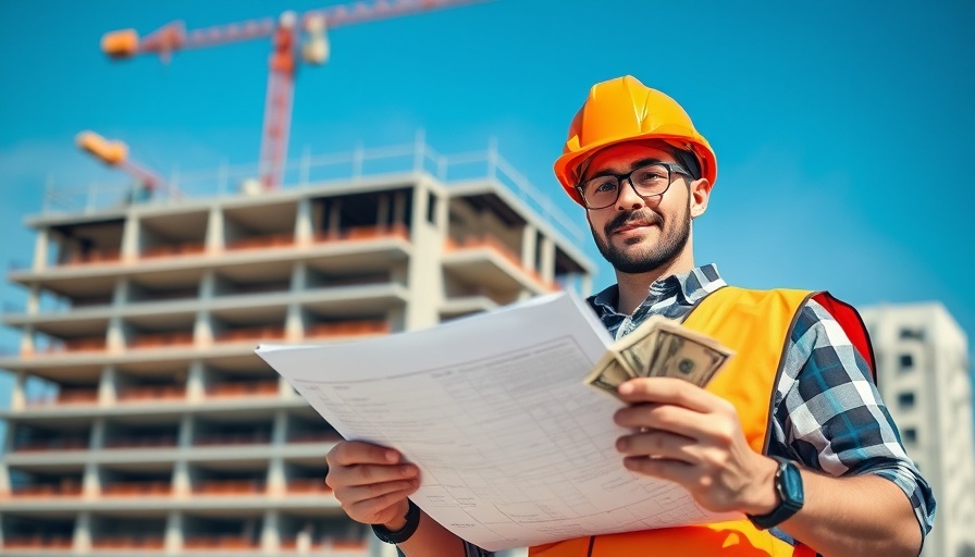 Construction worker holding blueprints and money in front of a building.