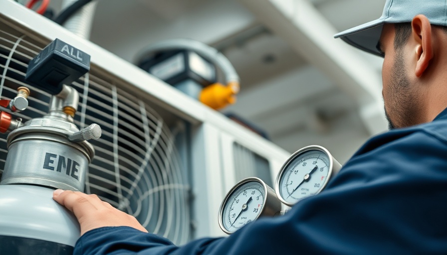 HVAC technician using tools for A2L compliance on AC unit.