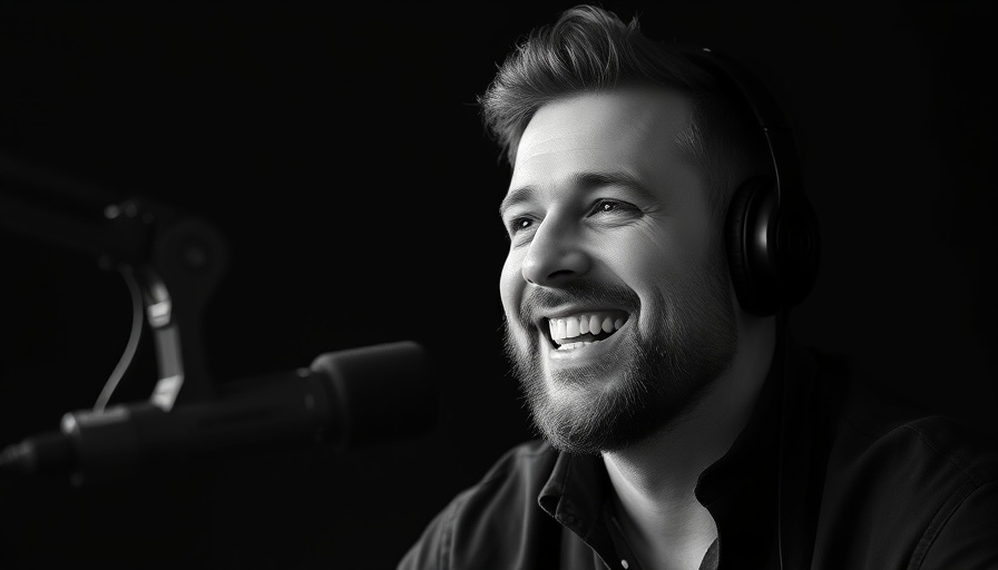 Podcast host smiling while speaking into a microphone.