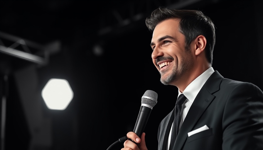 Smiling man in a suit speaks into microphone for podcast.