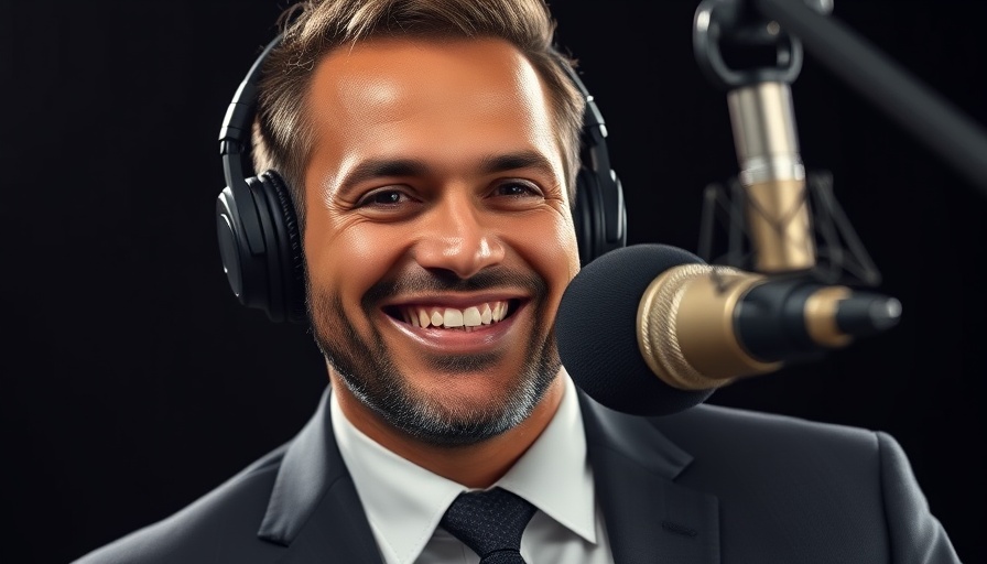 Smiling man with microphone in podcast, beliefs create your reality.