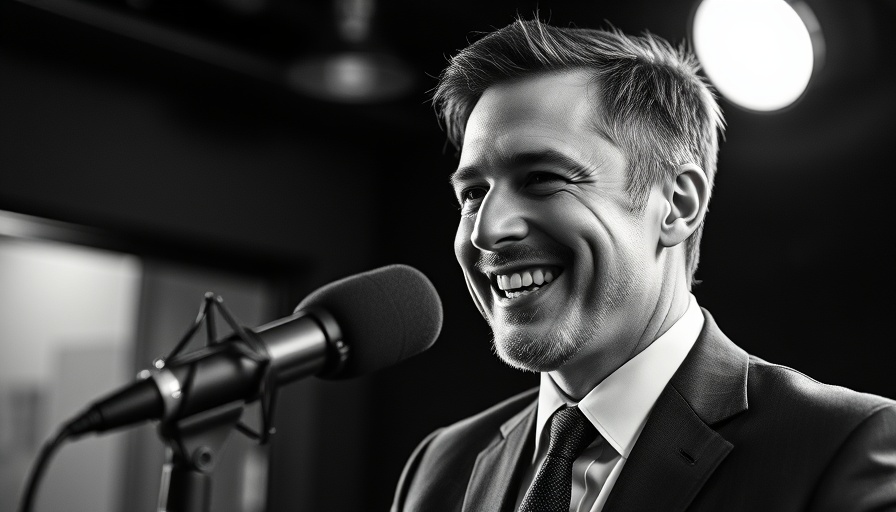 Podcast cover with smiling man in suit speaking into microphone.