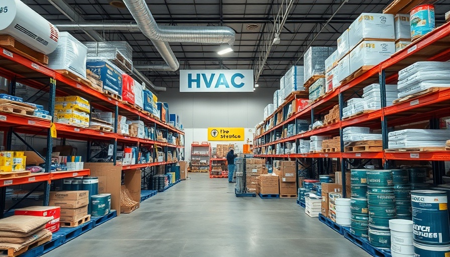 HVAC warehouse with supplies highlighting R-454B shortages and A2L regulations.