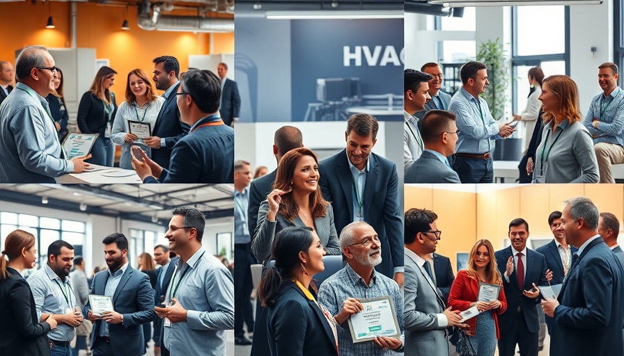 Collage scene of HVAC professionals at award event discussing best HVAC systems on the market.
