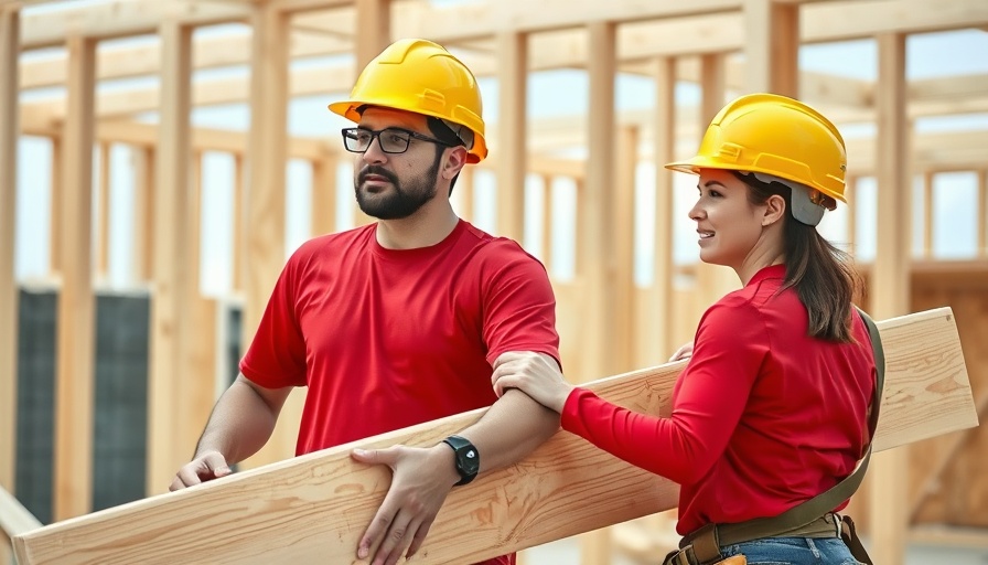 Volunteers in red shirts building a structure for Lennox HVAC community service.