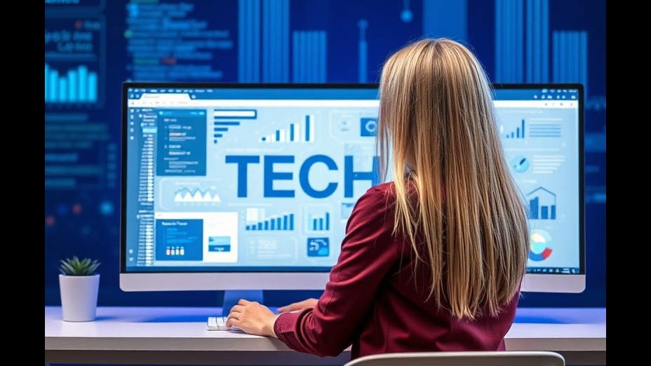 Blond woman at computer showcasing AI innovation in digital marketing strategies.