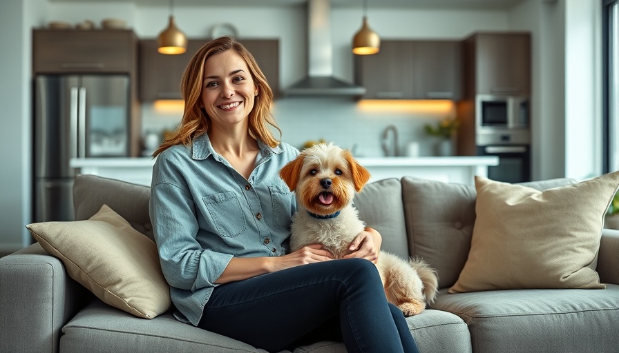 Woman with dog discussing breed legislation in living room.