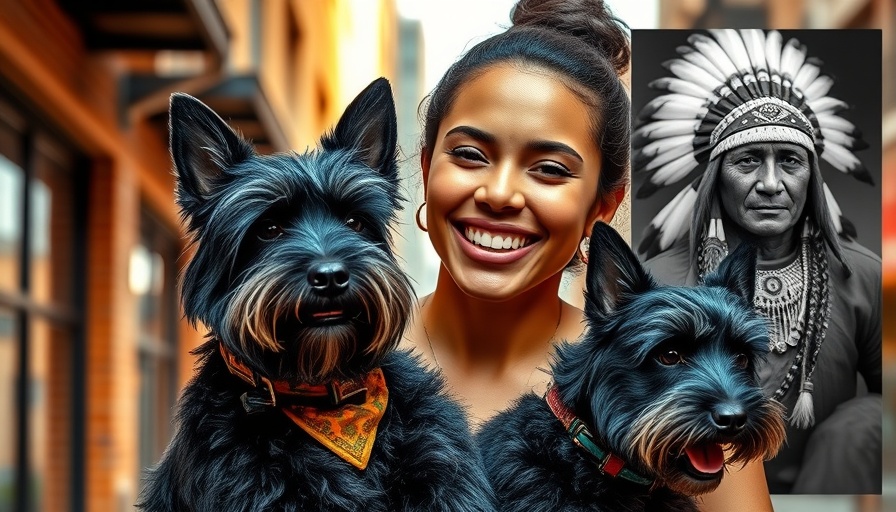 Joyful woman with dog, colorful setting; Kerry Blue Terriers