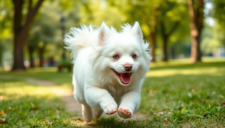 Fluffy white apartment dog running happily in a park.
