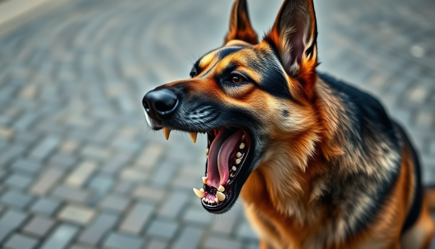 Aggressive German Shepherd barking outdoors, teeth showing aggressively.