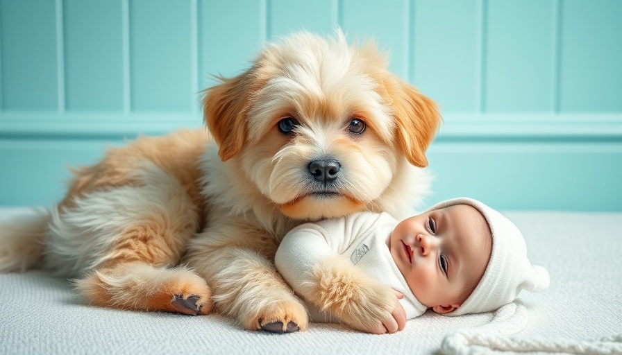Fluffy dog with baby in turquoise room, dogs for kids.