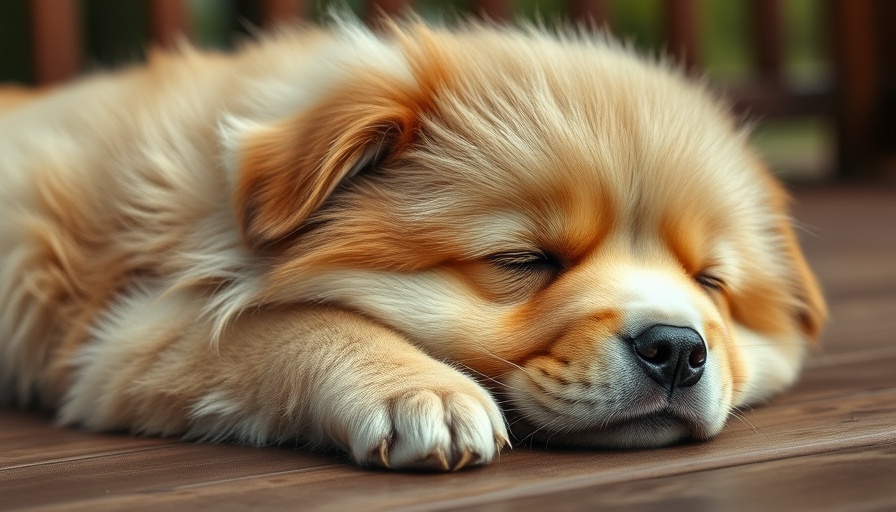 Resting rescue dog with fluffy fur on wooden deck