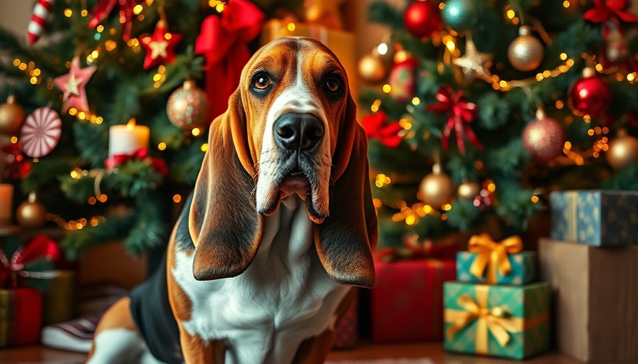 Dog safety tips for holidays with a Basset Hound near a Christmas tree.