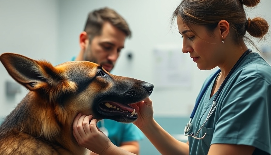 Veterinarian checking German Shepherd in emergency situation; dog emergencies.
