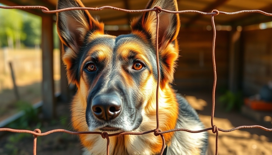 Shelter dog, German Shepherd behind fence under bright blue sky.