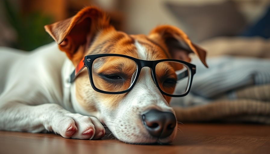 Aging Jack Russell Terrier with glasses resting, highlighting vision loss.