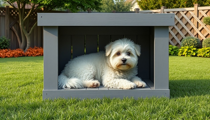 Cozy dog kennel with fluffy white dog relaxing inside in a backyard.