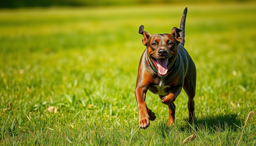 Energetic brindle dog showing aggression in grassy field.