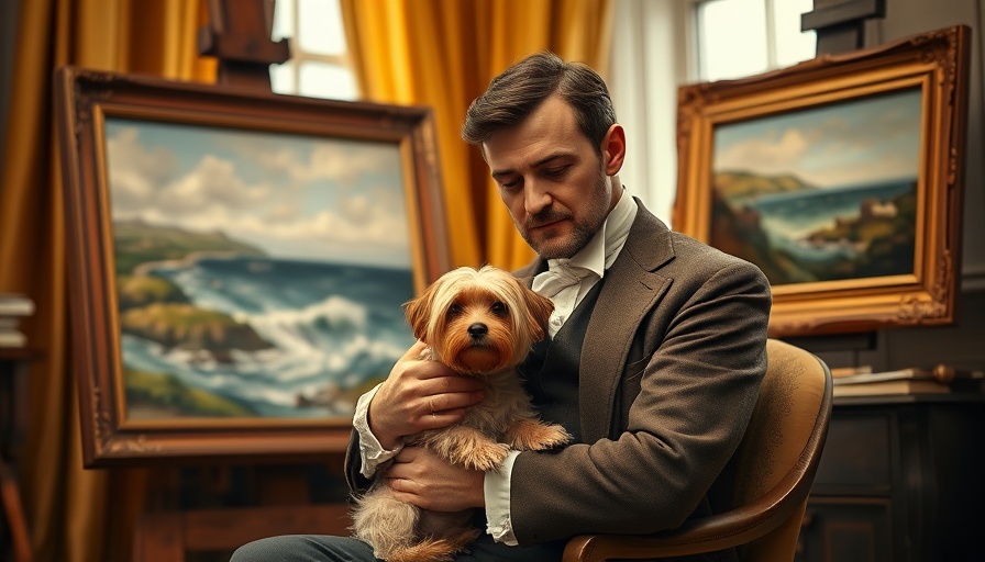 Victorian gentleman with dog in art studio, seascape background.