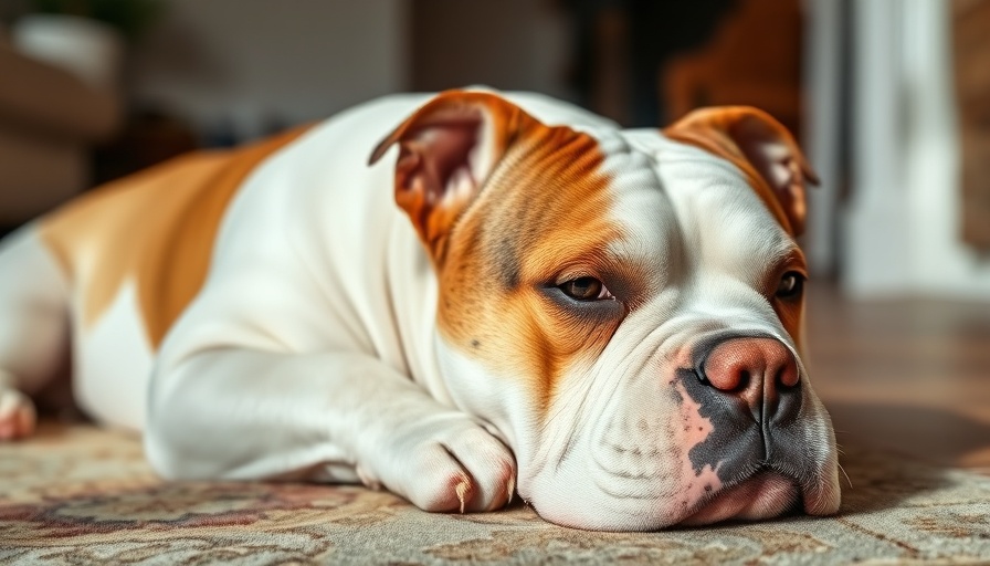 American Bulldog lying indoors with a calm expression.