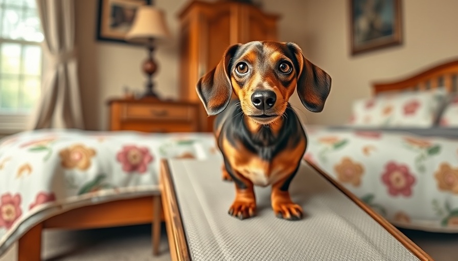 Dachshund using pet ramp to prevent back injury, cozy bedroom.