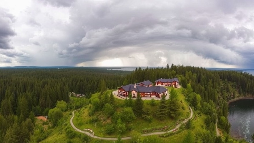 Aerial view of Stanford Inn & Resort along the Mendocino Coast amidst dense redwoods.