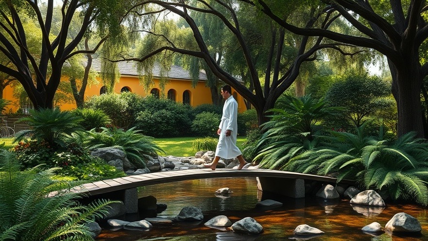 Photorealistic peaceful garden scene with a person in a white robe on a wooden bridge.