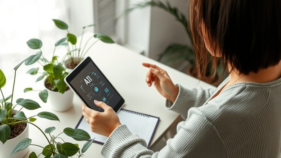 Spa owner using AI in SEO at a minimalist desk, blending nature and technology.