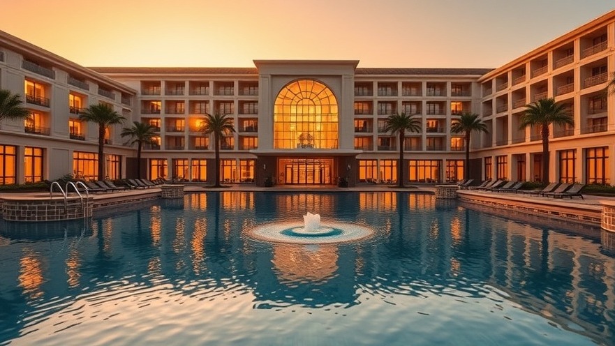 Luxury resort spa at sunset, glowing windows reflecting renewal and brilliance.