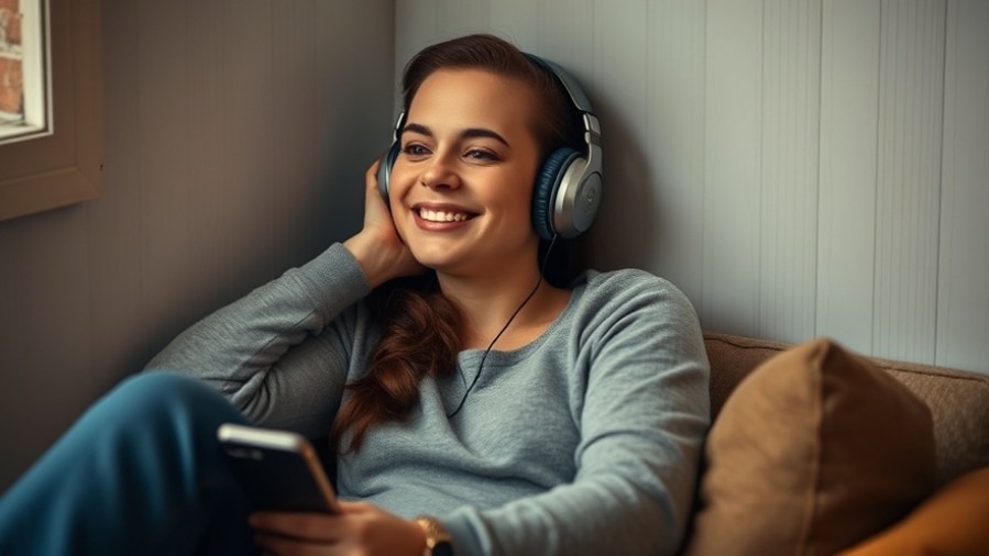A person enjoying mental health strategies, smiling with headphones in a cozy corner.