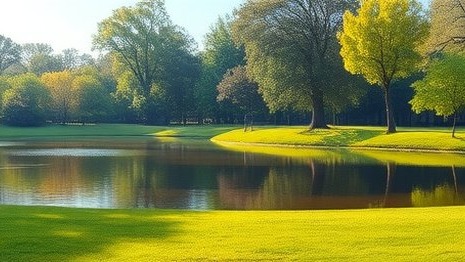 an image of a lake with green grass surrounding it on a beautiful sunny morning