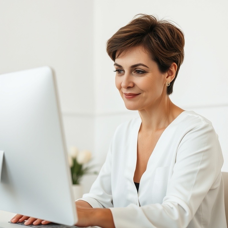 middle aged woman day spa owner with short brown hair, subtle smile, working on computer softly gazing forward, business growth theme