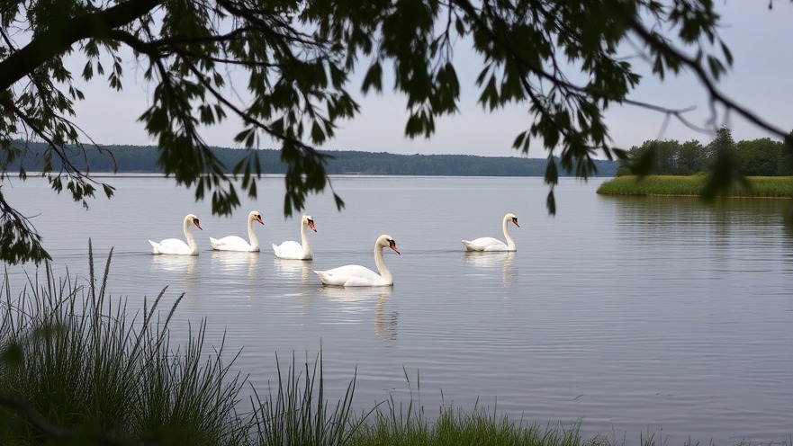 Elegant swans on the water, surrounded by lush greenery and reflecting a moody sky.