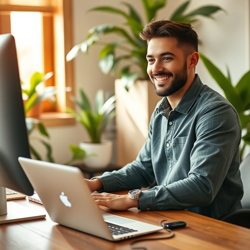 smiling man behind a computer doing the day spas transactions day spa setting