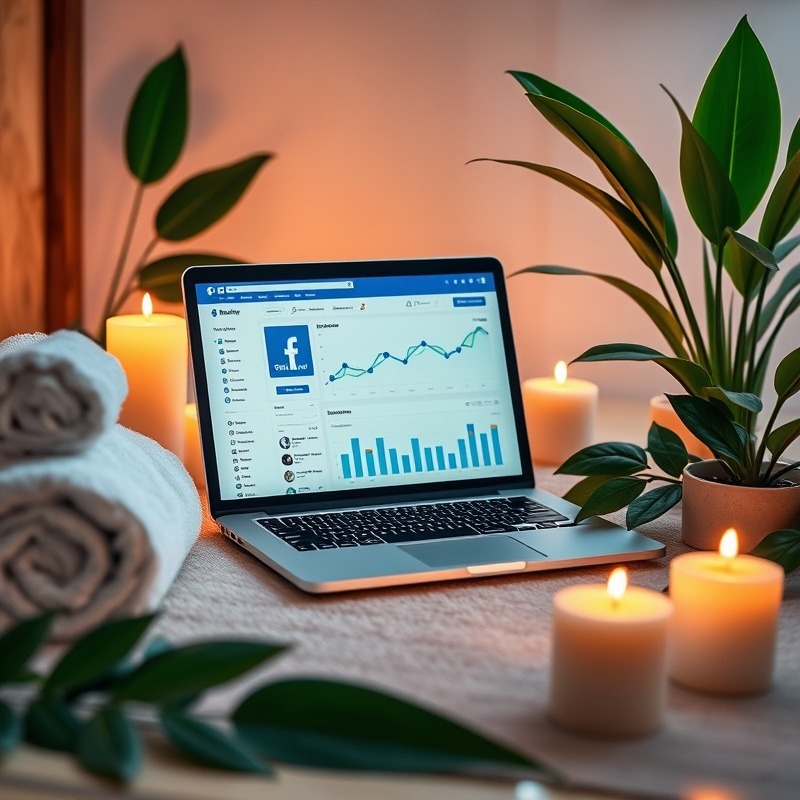A vibrant and engaging image that captures a modern day spa integrating digital strategy. The scene features a sleek laptop open to a Facebook analytics dashboard, surrounded by spa essentials like neatly rolled towels, soothing candles, and lush green plants.