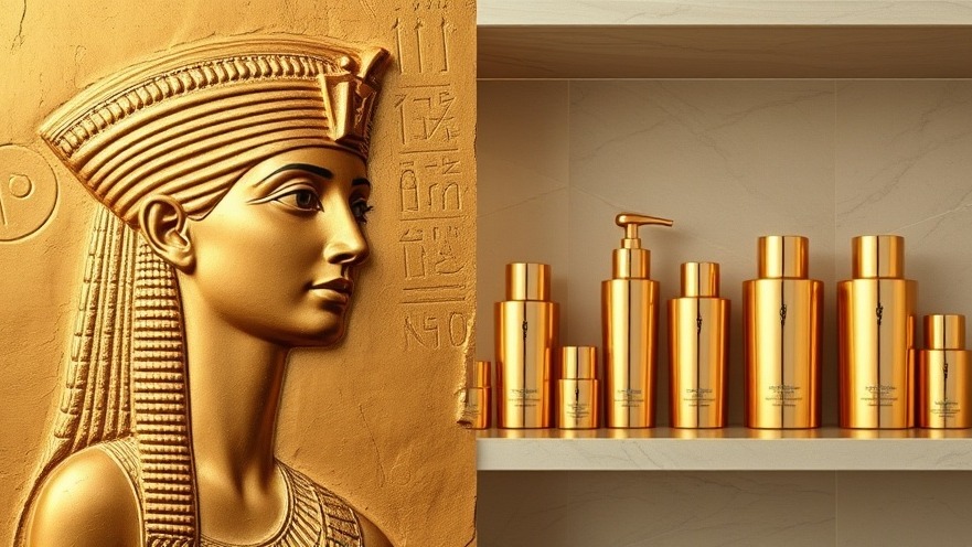 Ancient Egyptian queen in gold relief meets modern gold skincare, linking beauty rituals.