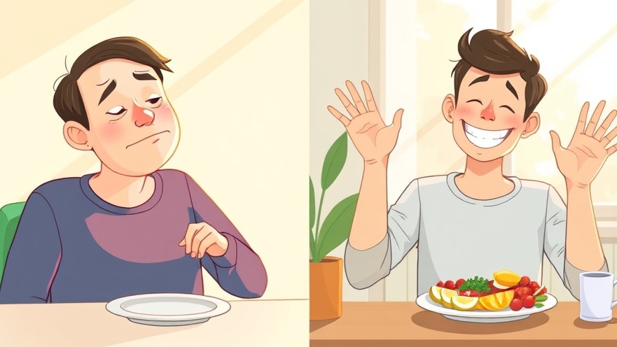 Contrasting moods of a person before and after enjoying healthy breakfast options.