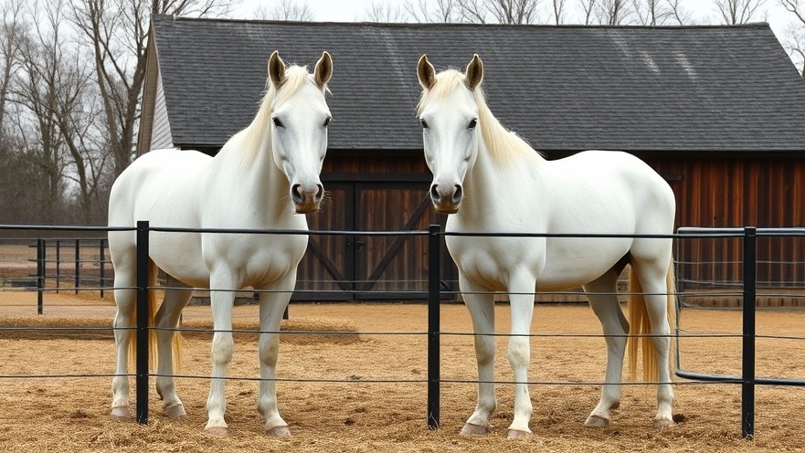 Two white horses beside a barn under a gray sky in a paddock.