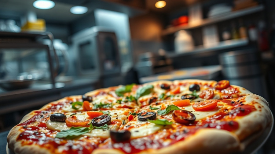 Indian fusion pizza being sliced in Sacramento kitchen, vibrant toppings.
