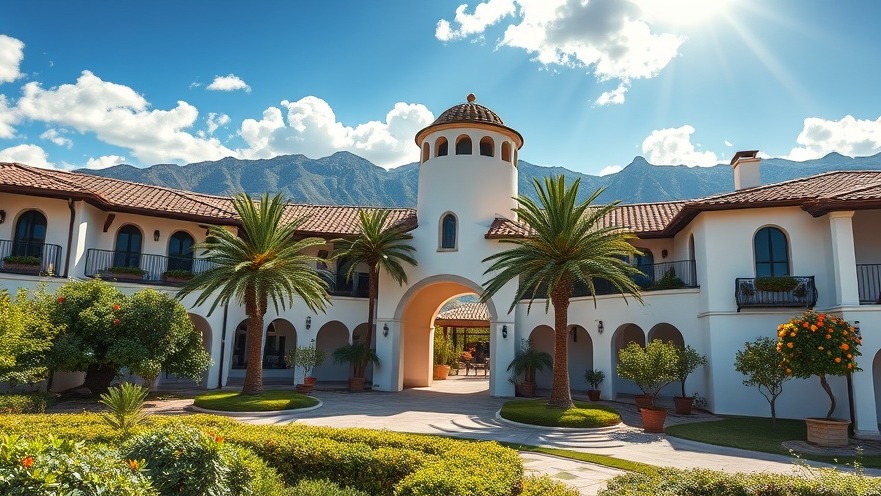 Luxurious Mediterranean spa resort with white stucco walls, palm trees, and gardens.