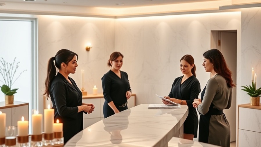Spa manager guiding her team in a calm, professional environment before opening hours.