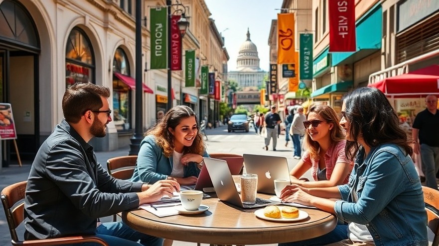Marketers discussing content strategies at a lively Sacramento market.
