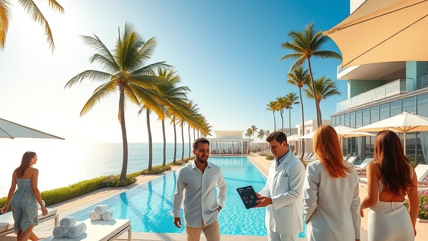 Luxurious resort scene with infinity pool, palm trees, and glass-walled suites.
