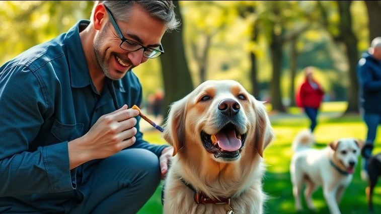 Humane dog training in Sacramento with a trainer guiding a retriever in a city park