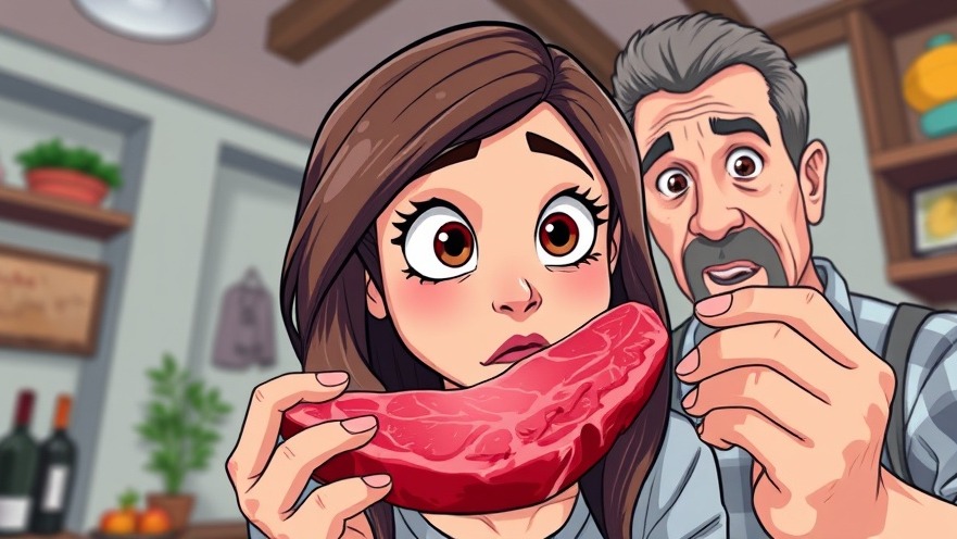 Young woman curiously holds raw steak while a concerned man points, emphasizing wellness trends.