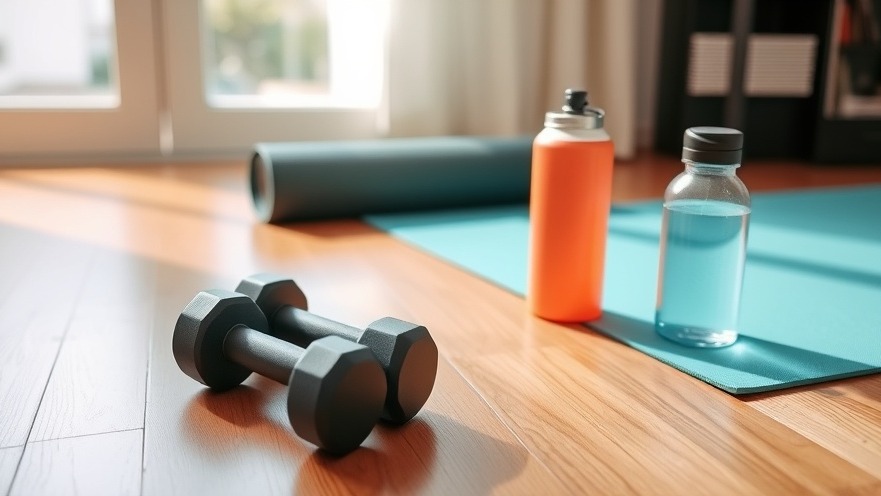 Home workout setup promoting healthy weight loss strategies with dumbbells and yoga mat.
