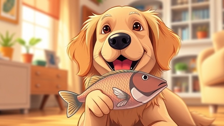 Playful golden retriever with a fish toy, highlighting dog nutrition and omega-3 fatty acids.